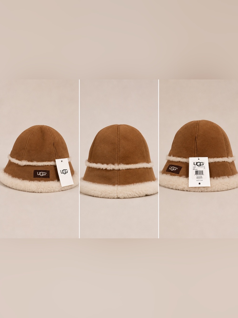 UGG Chestnut Suede Bucket Hat with Cream Shearling Trim